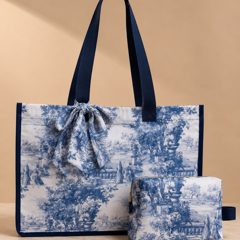 KIT BOLSA TOTE E NECESSAIRE TOILE DE JOUY VERT