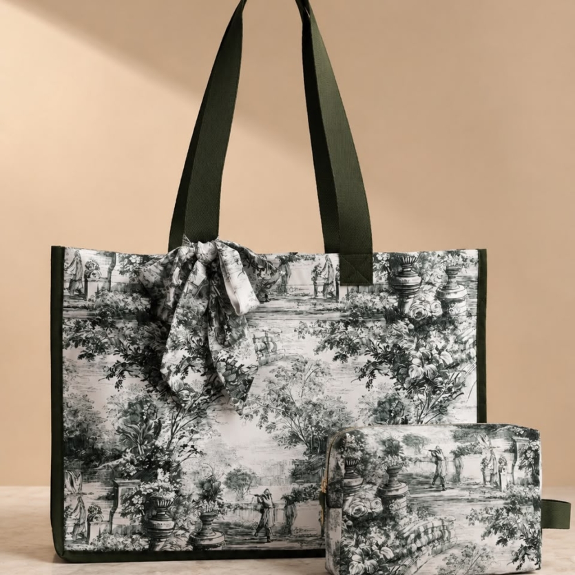 KIT BOLSA TOTE E NECESSAIRE TOILE DE JOUY VERT